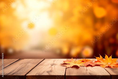 Empty wooden table with blurred autumn background. Copy space