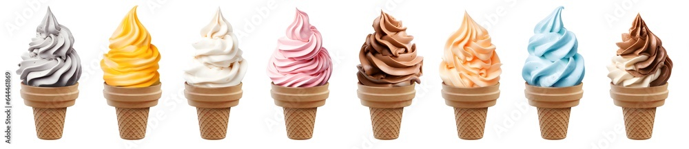 Soft serve Yoghurt Ice cream swirl on cake cone on transparent background cutout, PNG file. Many assorted different flavour Mockup template for artwork design.
Soft serve Yoghurt Ice cream swirl on cake cone on transparent background cutout, PNG file. Many assorted different flavour Mockup template for artwork design.