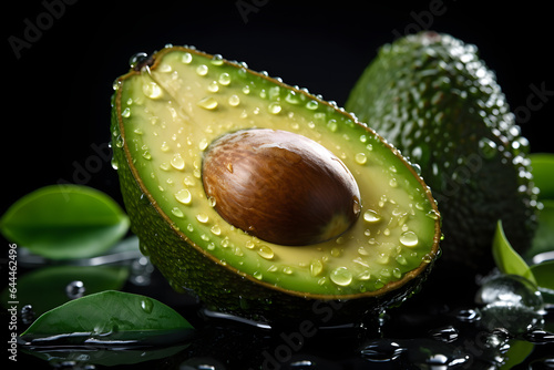 Photo of a fresh and vibrant avocado with glistening water droplets and lush green leaves