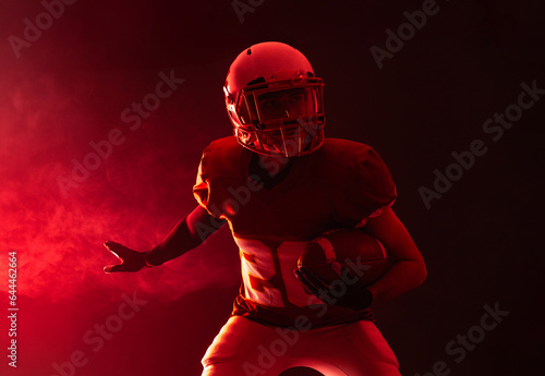 American football player. Template for a sports magazine on the theme of American futball with copy space. Mockup for betting ads.