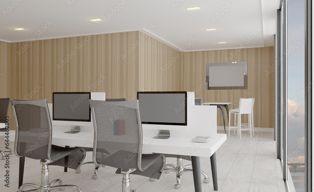 Open space office interior with like conference room. Mockup. 3D rendering.. Blank paintings. Mockup. Open space office interior with like conference room. Mockup. 3D rendering.. Blank paintings. Mockup.