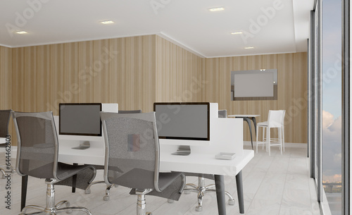 Open space office interior with like conference room. Mockup. 3D rendering.. Blank paintings. Mockup.