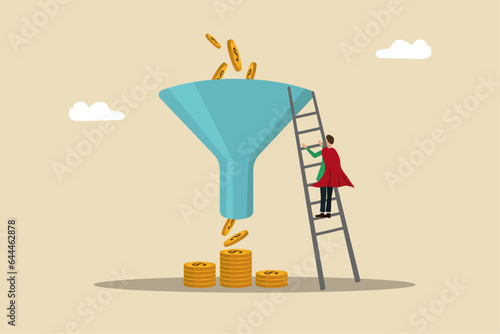 Marketing or sale funnel, conversion rate or customer buying product from advertising campaign, online ads or purchase rate concept, The businessman is climbing the ladder to see the entrance of the h