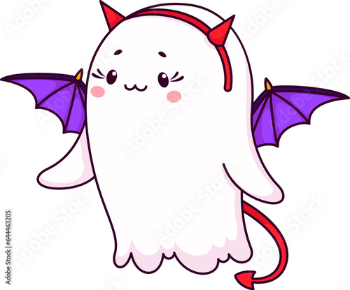 Cartoon Halloween kawaii cute ghost character dons devil horns, wings and a playful tail for a whimsical party look. Adorable vector spook combining funny elements for a charming and unique costume