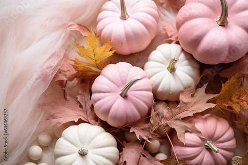 Fototapeta Naklejka Na Ścianę i Meble -  pink pastel pumpkins with fall leaves on soft colored ground with space for text, soft pink fall background