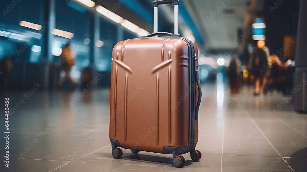 Generative AI, stylish modern suitcase on the background of the airport building, travel, luggage, check-in, vacation, business trip, bag, shiny case on wheels, urban design, high-tech interior, light Generative AI, stylish modern suitcase on the background of the airport building, travel, luggage, check-in, vacation, business trip, bag, shiny case on wheels, urban design, high-tech interior, light