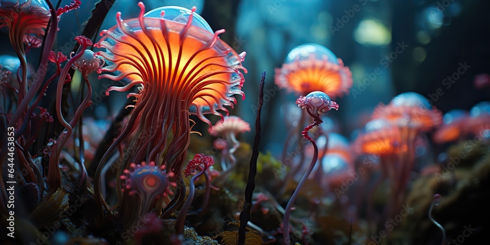 AI Generated. AI Generative. Glowing light mushrooms psychedelic mystic neon nature outdoor forest plant landscape.  Graphic Art - obrazy, fototapety, plakaty 