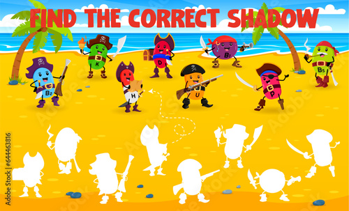 Find correct shadow of cartoon vitamin and micronutrient pirate or corsair characters, vector puzzle game. Shadow match worksheet with vitamin B2 in pirate hat and potassium micronutrient sailor