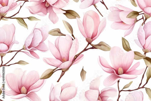 A seamless watercolor pattern of magnolia flowers. Delicate botanical background design. Generative AI