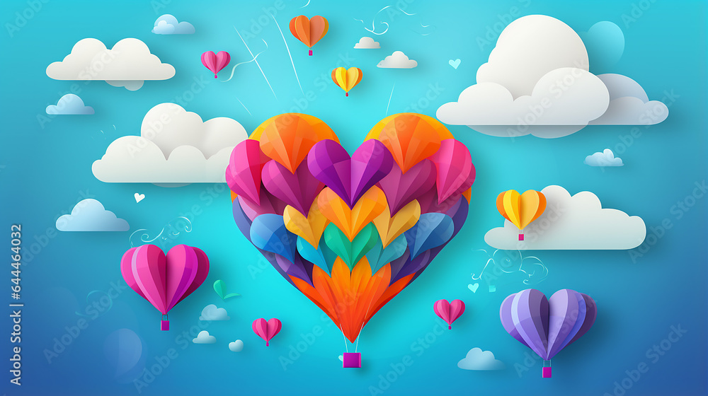 illustration of love and valentine day with colorful heart and clouds paper cut