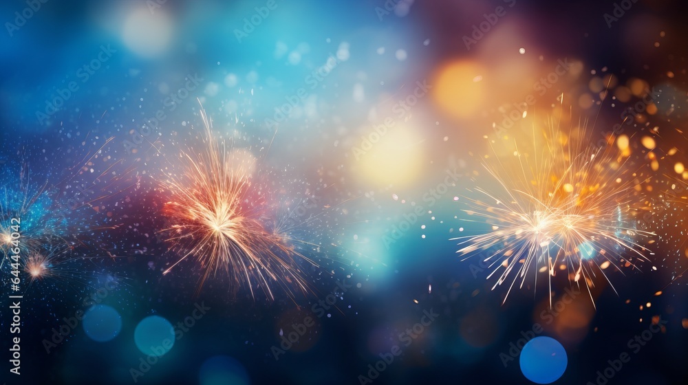 Blurry sparkles and fireworks on the night sky: defocused abstract blue texture background with gold glitter and bokeh lights. wallpaper element with selective focus Blurry sparkles and fireworks on the night sky: defocused abstract blue texture background with gold glitter and bokeh lights. wallpaper element with selective focus