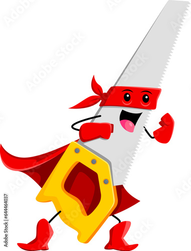 Cartoon saw superhero character. Isolated vector dynamic powerful super hero tool personage with a determined look, red mask and cape ready to tackle any challenge with precision and strength