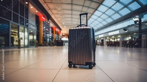 Generative AI, stylish modern suitcase on the background of the airport building, travel, luggage, check-in, vacation, business trip, bag, shiny case on wheels, urban design, high-tech interior, light