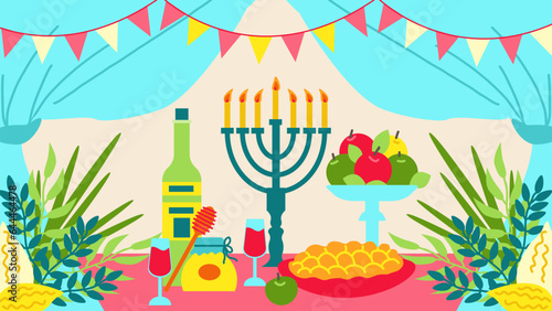 Table with Challah, candles, honey, and apples is set in a hut, Jewish fall holiday Sukkot. 