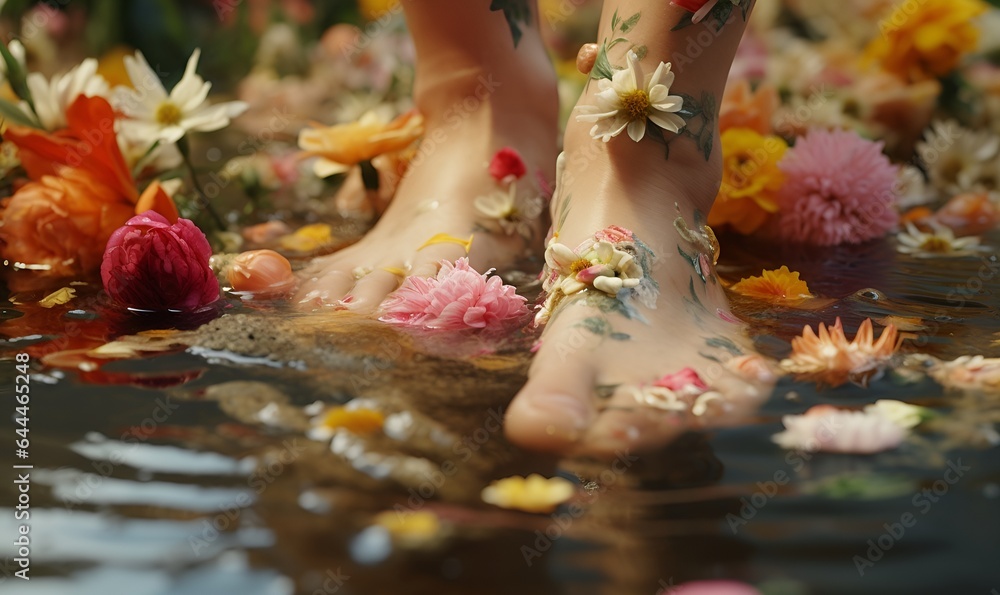 woman dips feet in water full of flowers, ai generative