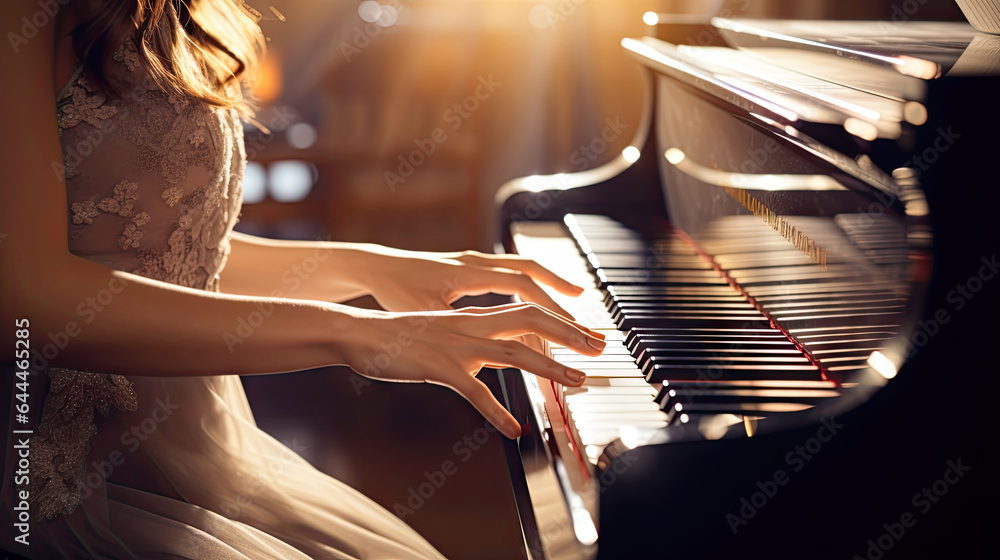 The hands of a girl pianist play the piano - obrazy, fototapety, plakaty 