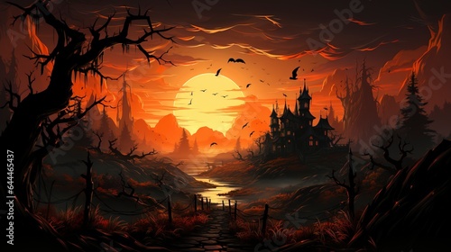 16 9 aspect ratio spooky halloween background wallpaper with scary haunted castle and trees