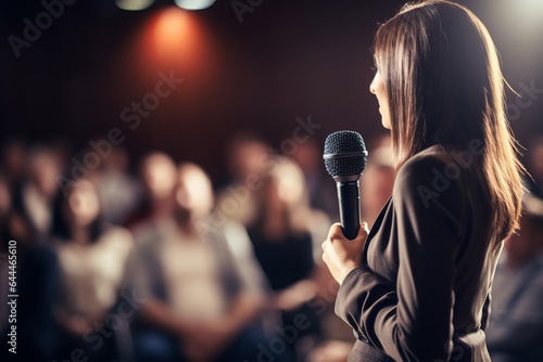 a female motivational speaker or a stand-up comedian presenting her speech in front of an audience in a microphone in a dark club or concert hall venue with selective lighting