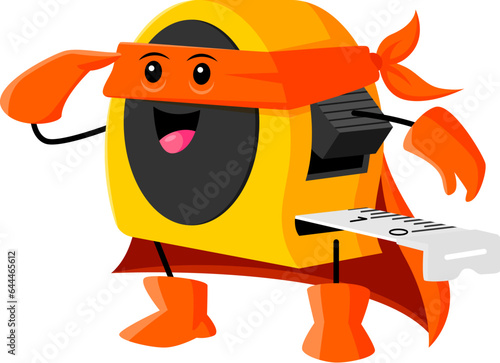 Cartoon tape measure superhero character. Isolated vector funny diy instrument with smiling face, construction or renovation tool personage wearing defender cloak and mask ready for home improvement