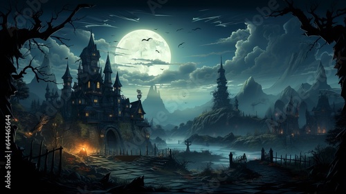 16:9 aspect ratio spooky halloween background wallpaper with scary haunted castle and trees © W&S Stock