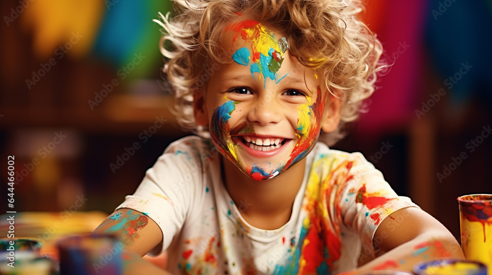 Beautiful young boy covered in colorful paint , smile , kid fun activity concept Beautiful young boy covered in colorful paint , smile , kid fun activity concept