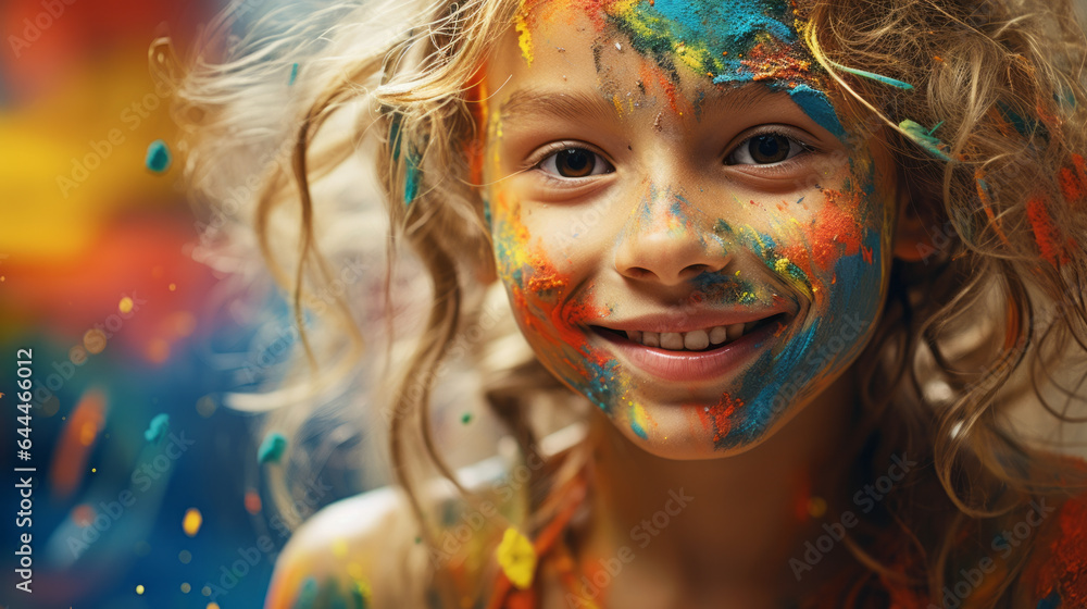 Beautiful young girl covered in colorful paint , smile , kid fun activity concept Beautiful young girl covered in colorful paint , smile , kid fun activity concept