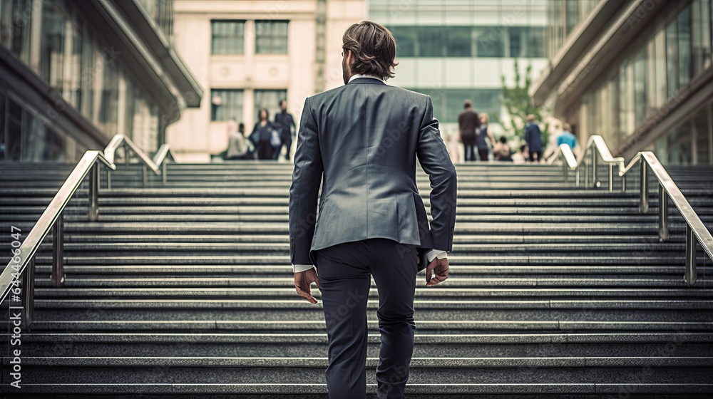 Businessman climbing stairs, back view