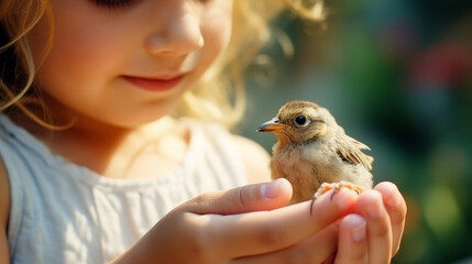 Child girl gently holding a small bird in her hands , animal protection concept