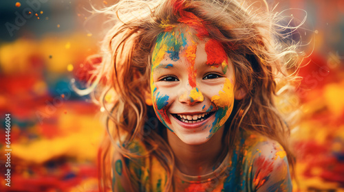 Beautiful young girl covered in colorful paint , smile , kid fun activity concept