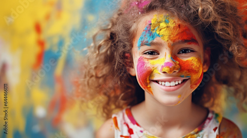 Beautiful young girl covered in colorful paint , smile , kid fun activity concept