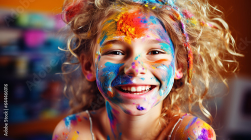 Beautiful young girl covered in colorful paint , smile , kid fun activity concept