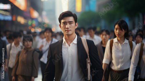Asian businessman walking on morning crowded street , busy city buildings background