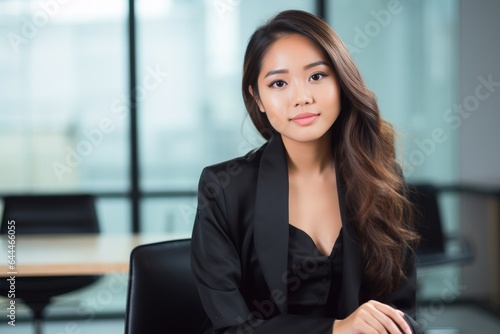 beautiful young asian businesswoman in black jacket is sitting on a chair in a modern office