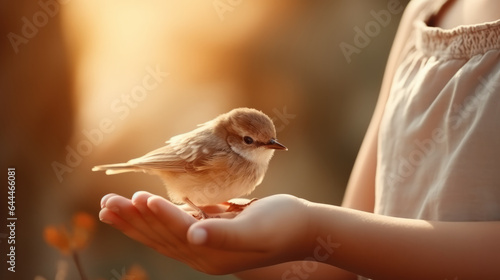 Child girl gently holding a small bird in her hands , animal protection concept