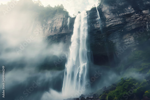 Fototapeta Naklejka Na Ścianę i Meble -  Scenery of a large waterfall falling down from a high cliff with mist floating in air and water flowing at extreme speeds. Landscape forms nature in a wide-angle view concept.
