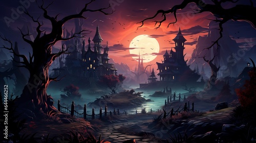 16:9 aspect ratio spooky halloween background wallpaper with scary haunted castle and trees