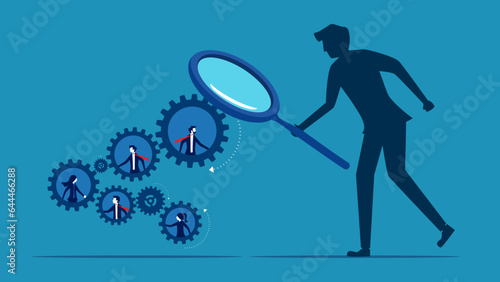 Human resources concept. Businessman uses a magnifying glass to inspect employee mechanics. Vector