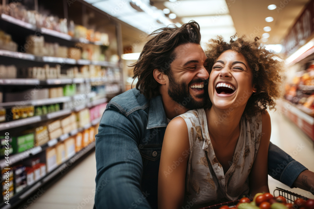 A loving couple having great fun while shopping in the supermarket. A loving couple having great fun while shopping in the supermarket.