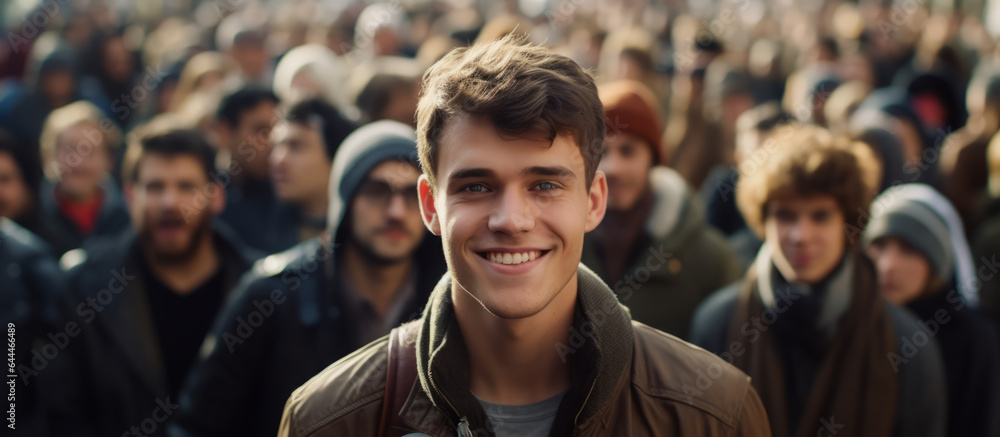Banner with a young handsome man looking at camera in middle of a big crowd of people Banner with a young handsome man looking at camera in middle of a big crowd of people