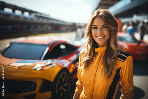 Female race car driver in the track.