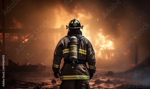 firefighter is looking at conflagration fire, generative ai