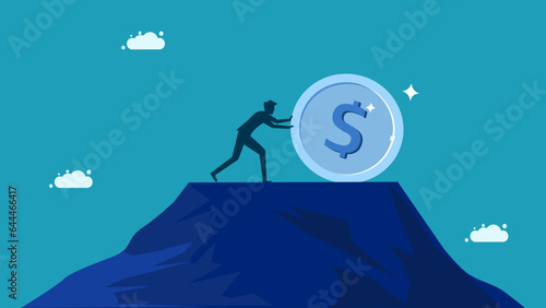 Concepts for solving financial problems. Businessman pushes coins. Vector