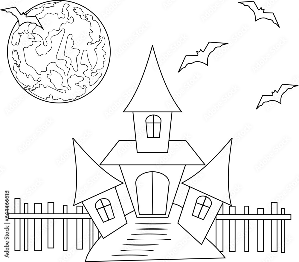 Vector outline illustration, developing coloring page, digital sketch. Lonely abandoned old house with a fence on an isolated white background. Mystical Halloween night.
