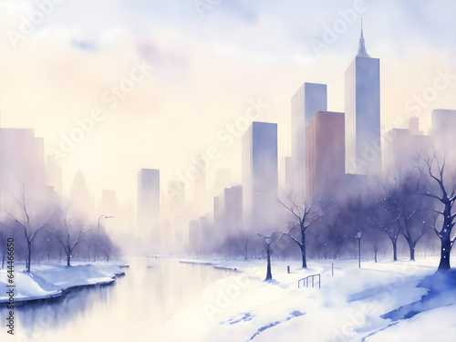 Winter watercolor city view 