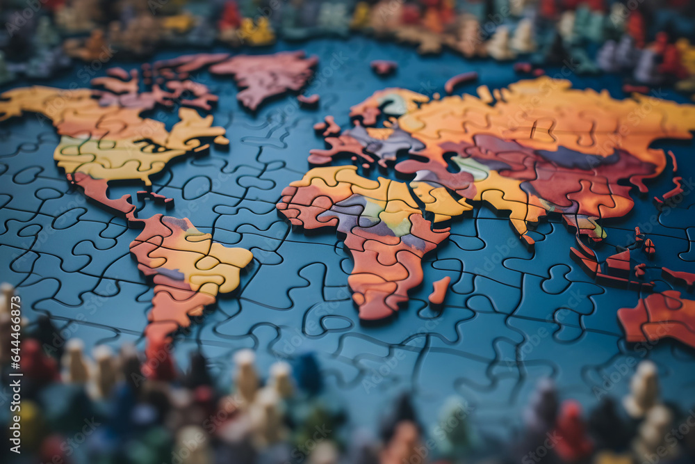 Close-up of a world map, made with puzzle pieces. selective focus. Close-up of a world map, made with puzzle pieces. selective focus.