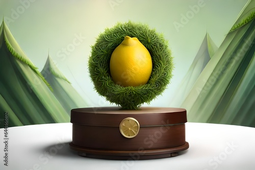 A front view of lemon decorated with transparent podium in green background.