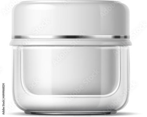 Realistic cream cosmetics product plastic container. Isolated 3d vector mockup of small, white cylindrical jar witha screw lid, designed to hold and dispense beauty production, cream, lotion or mask