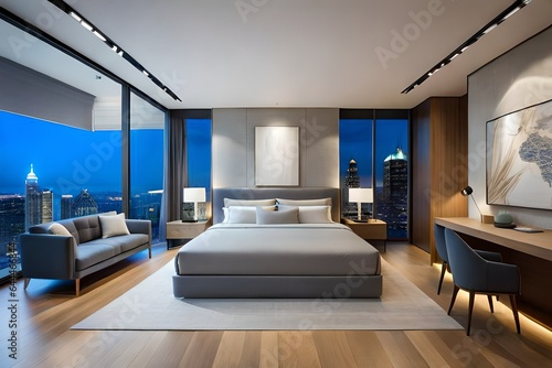 Night scene of Modern contemporary style interior bedroom design with city view  decorate with comfortable bed  lamp  pillows  table  and cold tone background.