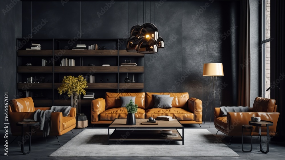 Cozy modern minimalistic scandinavian interior design of a spacious living-room with dark industrial business-like atmosphere, black wall, brown leather couch, earthly wooden tones