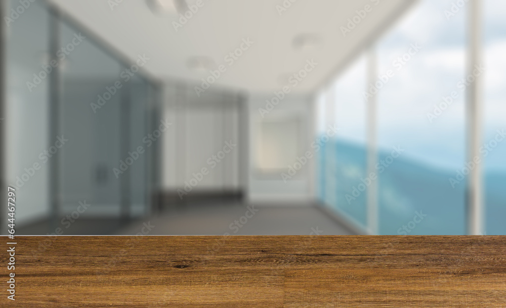 Blank office interior.  Mockup.  3D rendering.. Background with empty wooden table. Flooring.